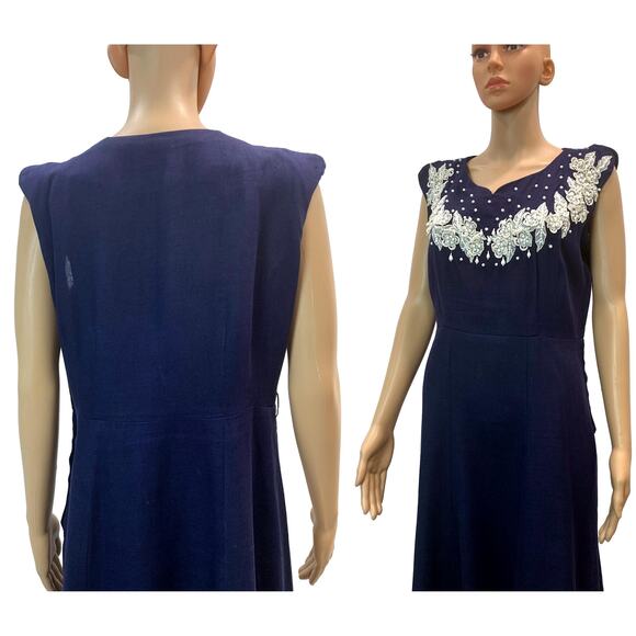 Vintage 1950s Dark Blue Linen Dress w Floral Lace Rhinestone & Bead Trim | M - Picture 4 of 10